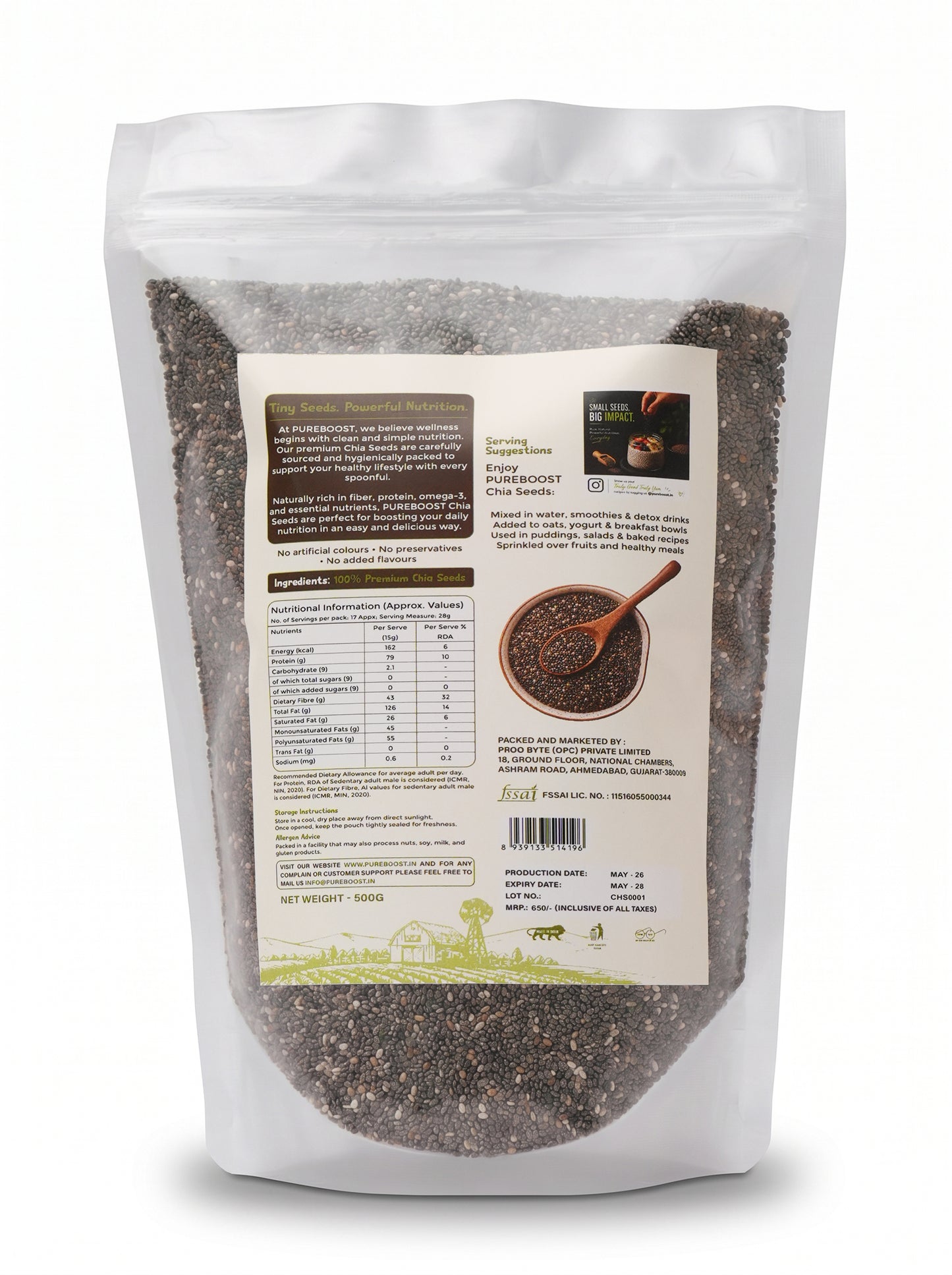 Pureboost Raw Chia Seeds 500g - Dirt & Stone Free Premium Chia Seeds | 30 days pack | High Fibre & Plant Protein | Helps with Weight Management | Good for Summer Hydration | Super Seeds for Smoothies, Oats & summer Drinks