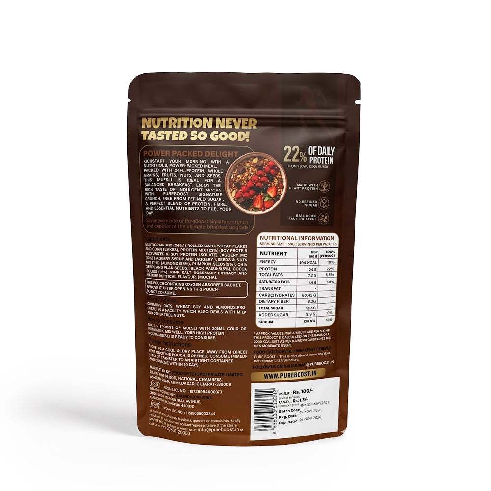 High Protein Muesli Mocha 75g, 24g Protein, High Fibre, Trans Fat Free with Brown Sugar, Real Fruits, Muesli for Breakfast Food, Muselies Fruit Nuts and Seeds 75g (Pack Of 1)