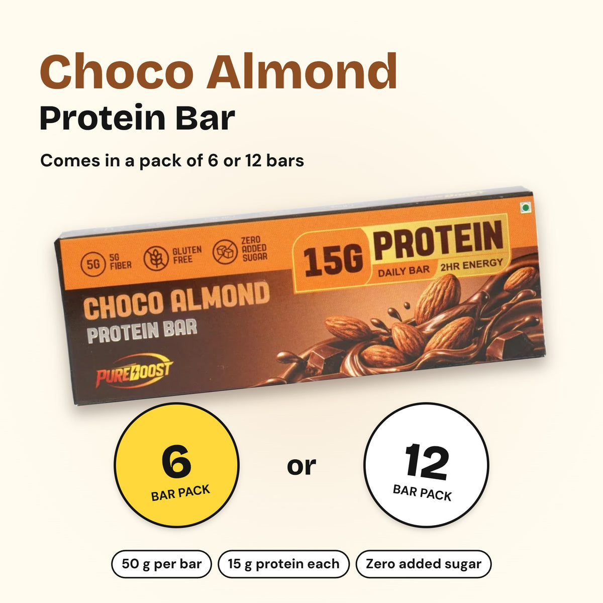 Pureboost Choco Almond Protein Bar, comes in a pack of 6 or 12 bars