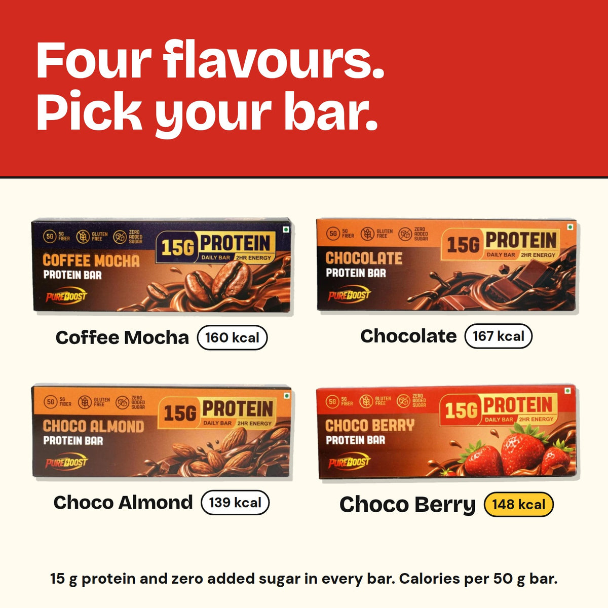 Pureboost protein bar flavours with calories per bar: Coffee Mocha 160, Chocolate 167, Choco Almond 139, Choco Berry 148