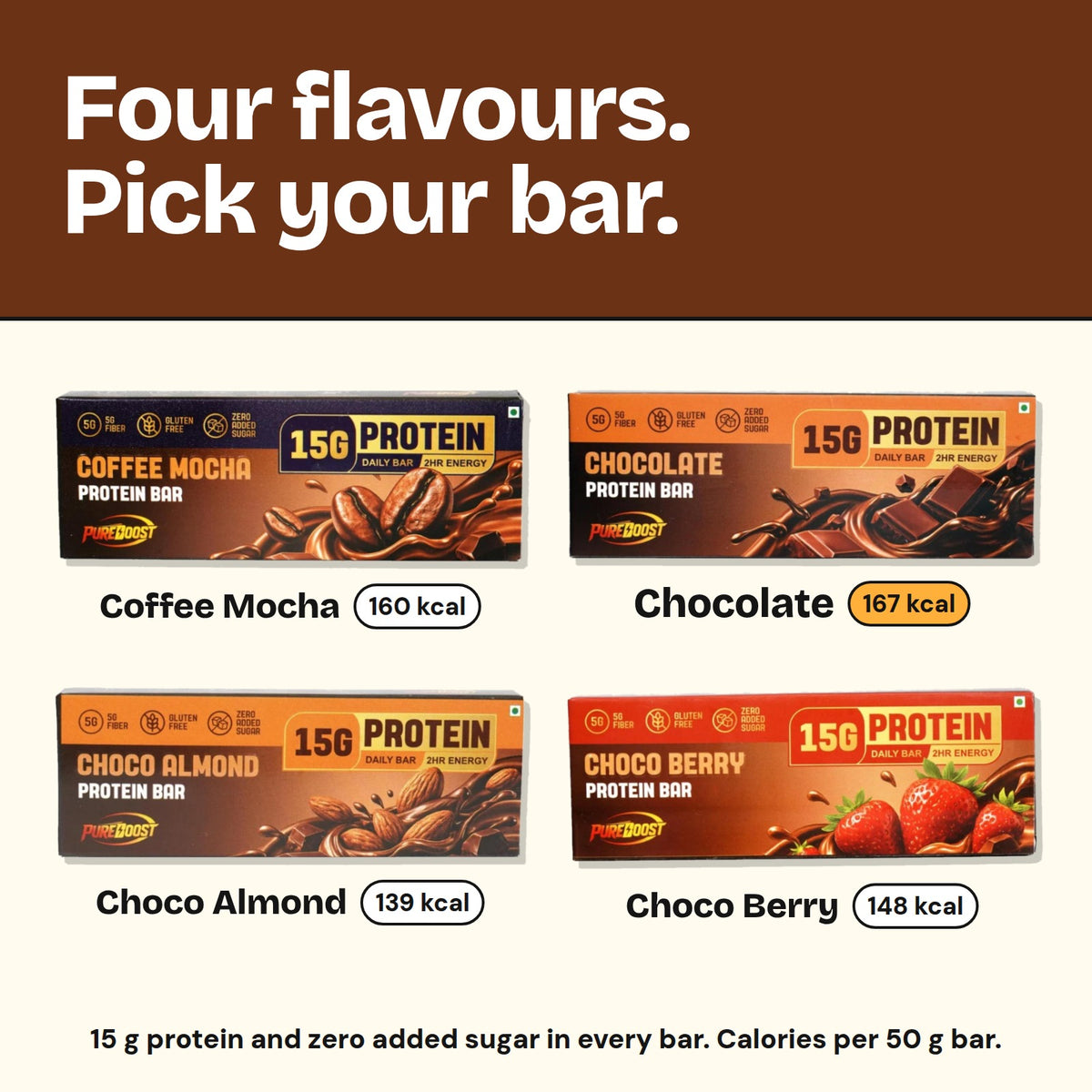 Pureboost protein bar flavours with calories per bar: Coffee Mocha 160, Chocolate 167, Choco Almond 139, Choco Berry 148