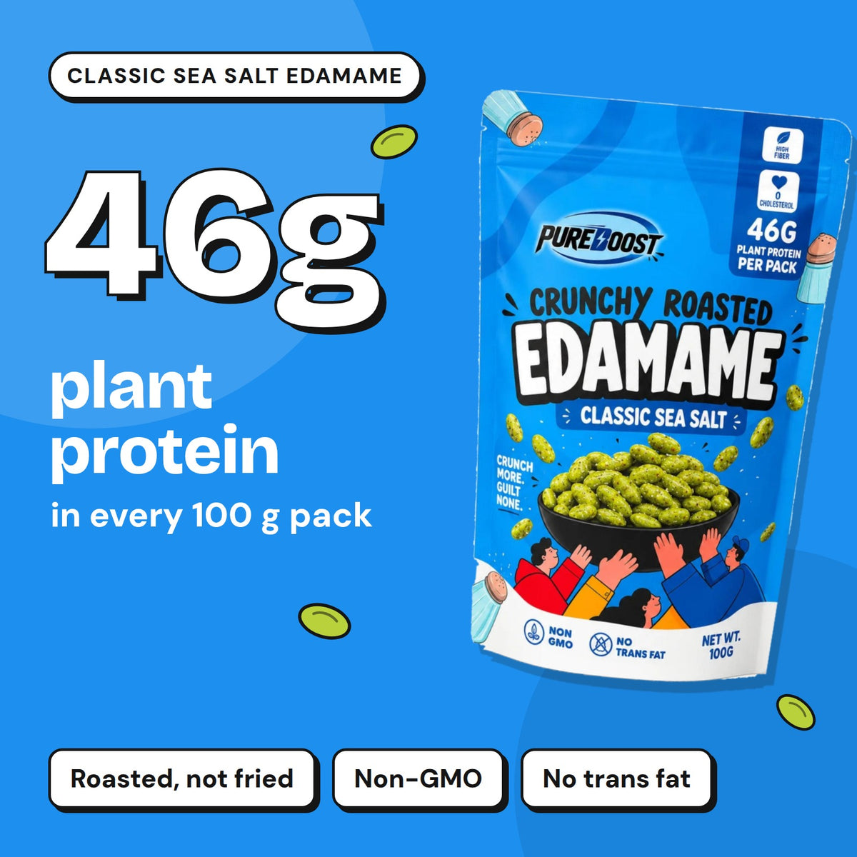 Pureboost Classic Sea Salt Edamame: 46 g plant protein in every 100 g pack