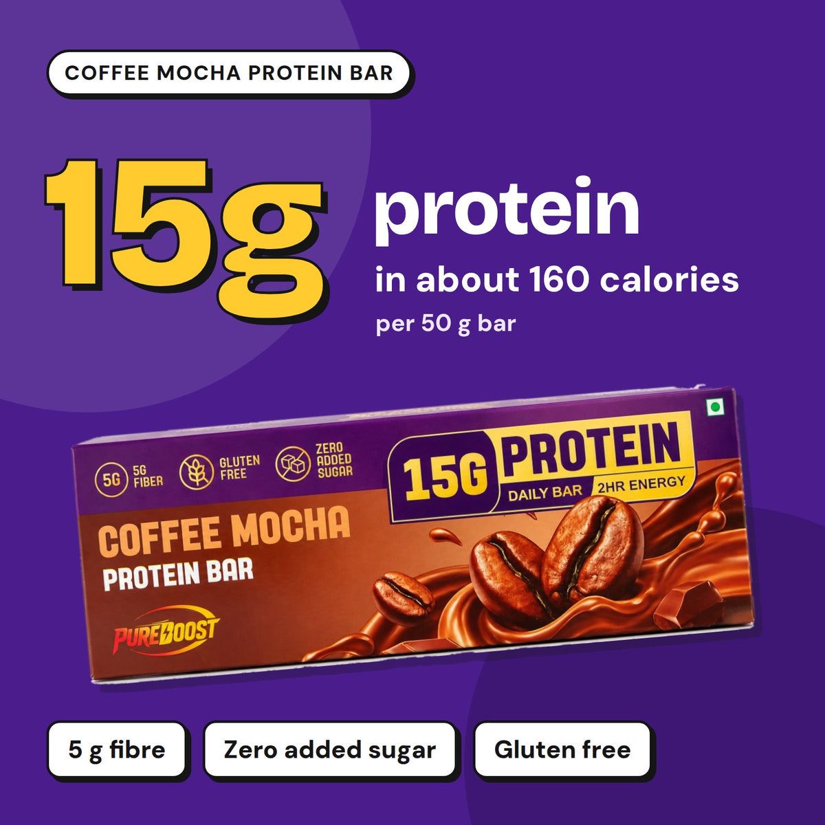 Pureboost Coffee Mocha Protein Bar: 15 g protein in about 160 calories per 50 g bar