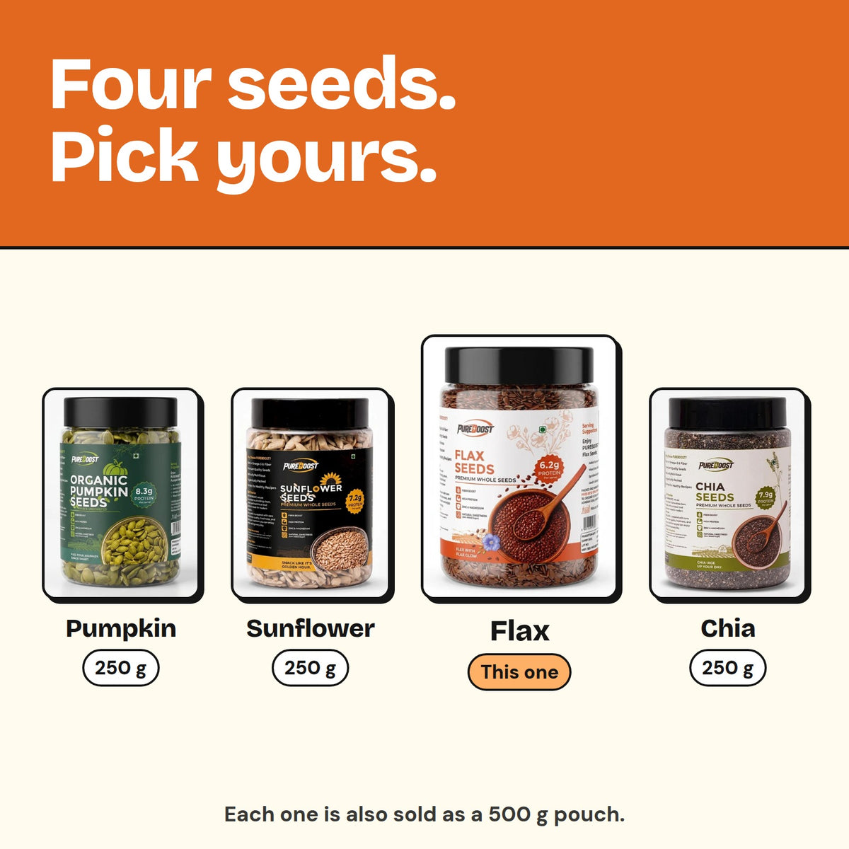 Pureboost seeds range: pumpkin, sunflower, flax and chia