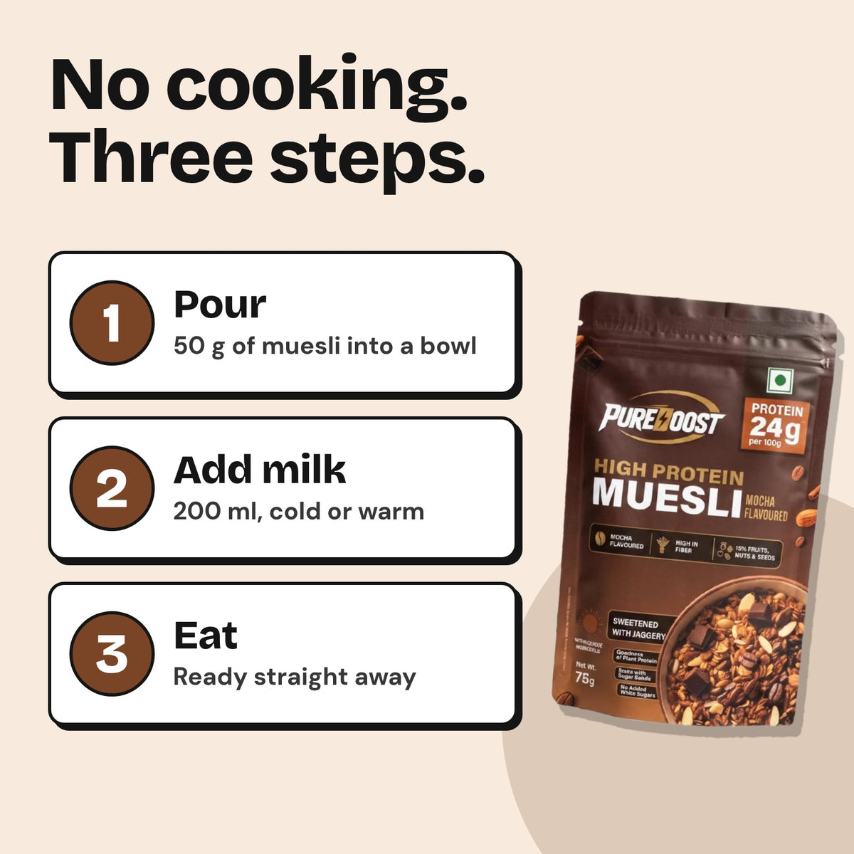 Pureboost High Protein Muesli: no cooking, three steps