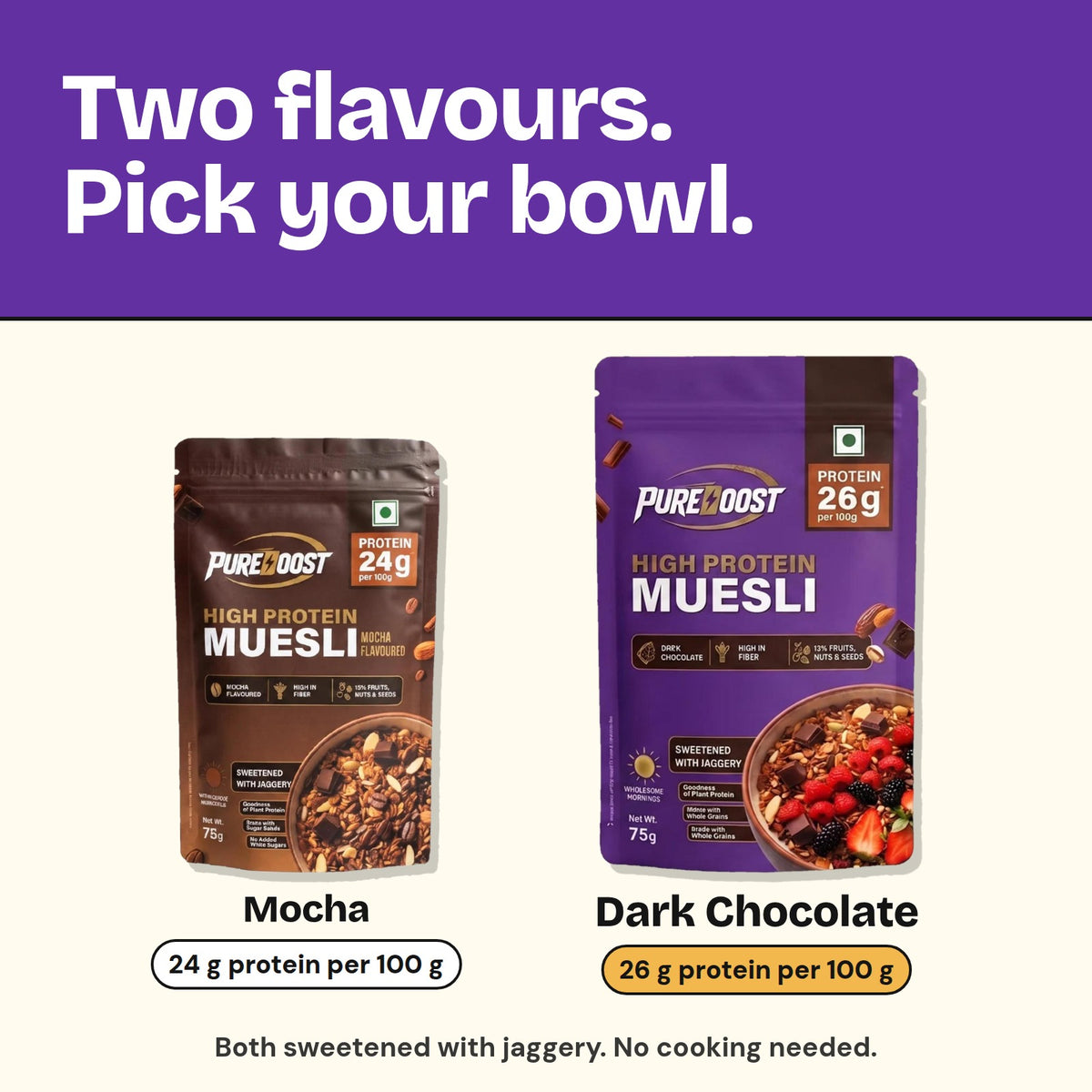 Pureboost High Protein Muesli flavours: Mocha 24 g and Dark Chocolate 26 g protein per 100 g