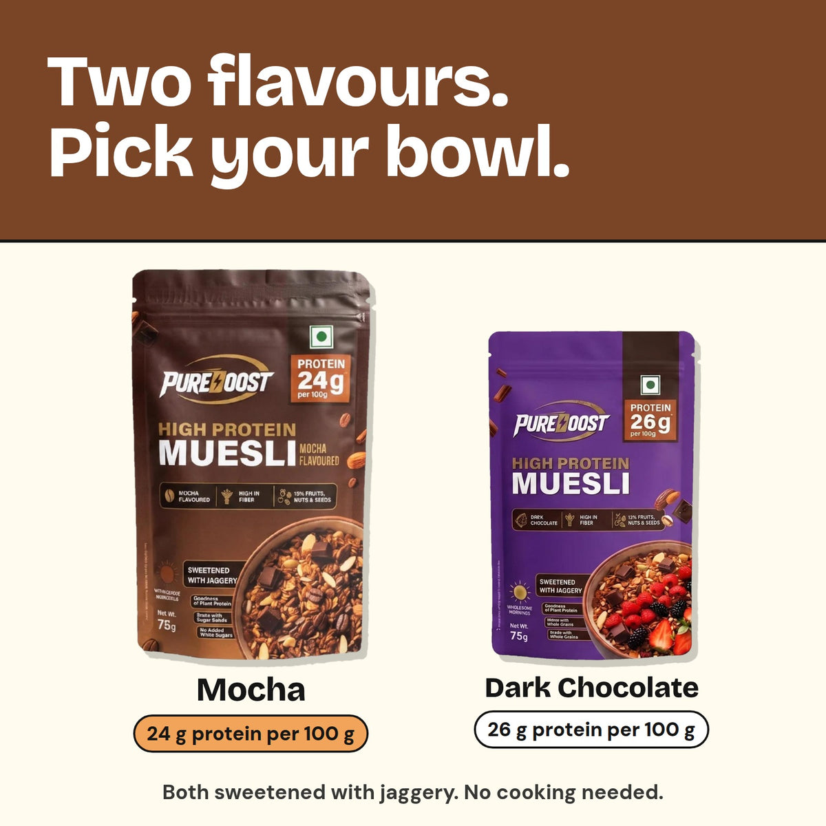Pureboost High Protein Muesli flavours: Mocha 24 g and Dark Chocolate 26 g protein per 100 g