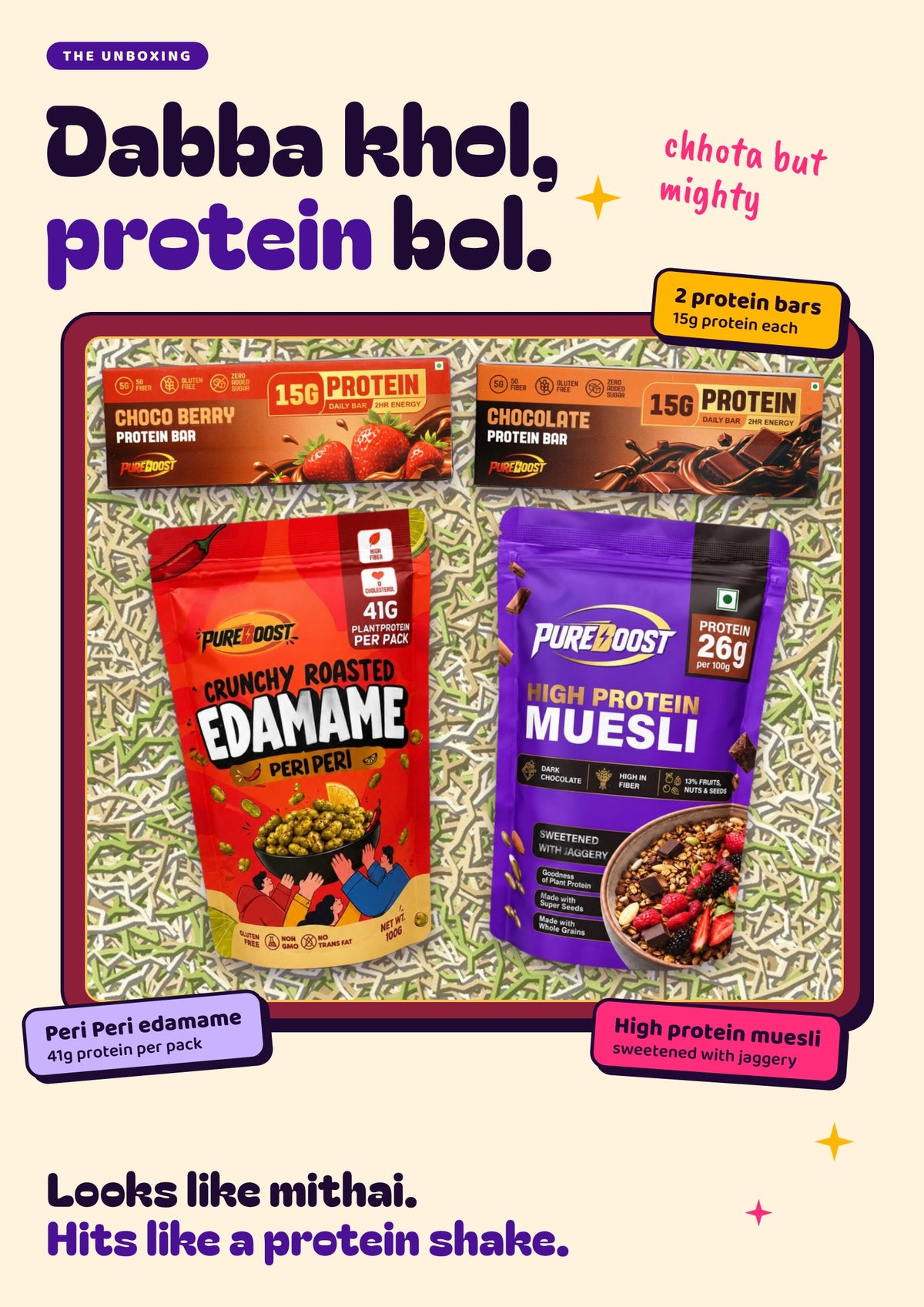 Protein Wala Hamper Mini unboxing: two protein bars, Peri Peri edamame and high protein muesli