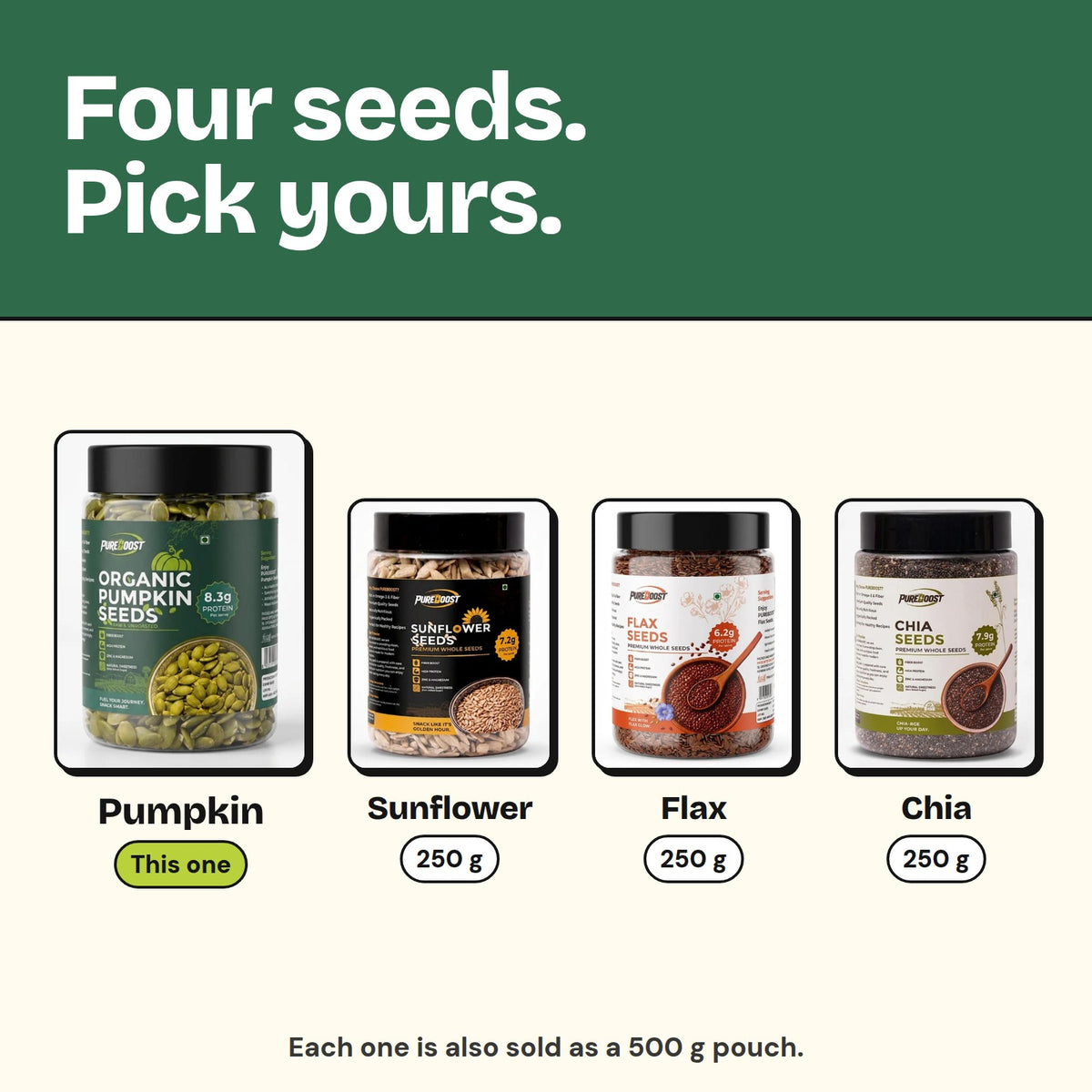 Pureboost seeds range: pumpkin, sunflower, flax and chia