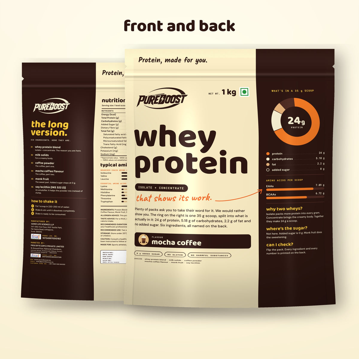 Front and back of the Pureboost Whey Protein Mocha Coffee 1 kg pouch