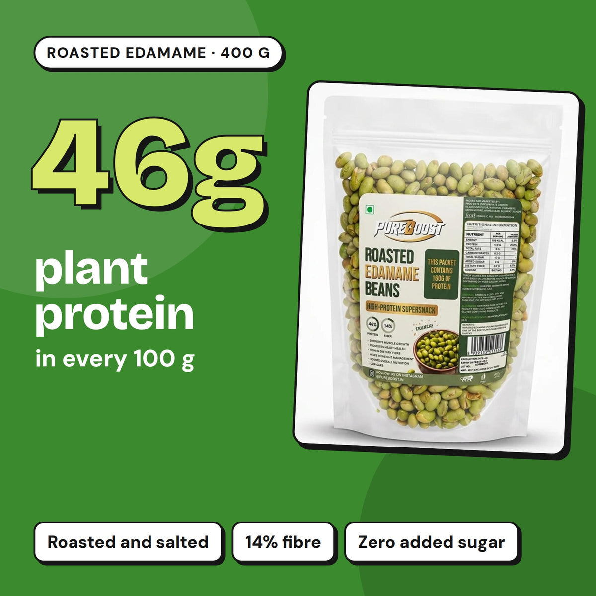 Pureboost Roasted Edamame 400 g: 46 g plant protein in every 100 g