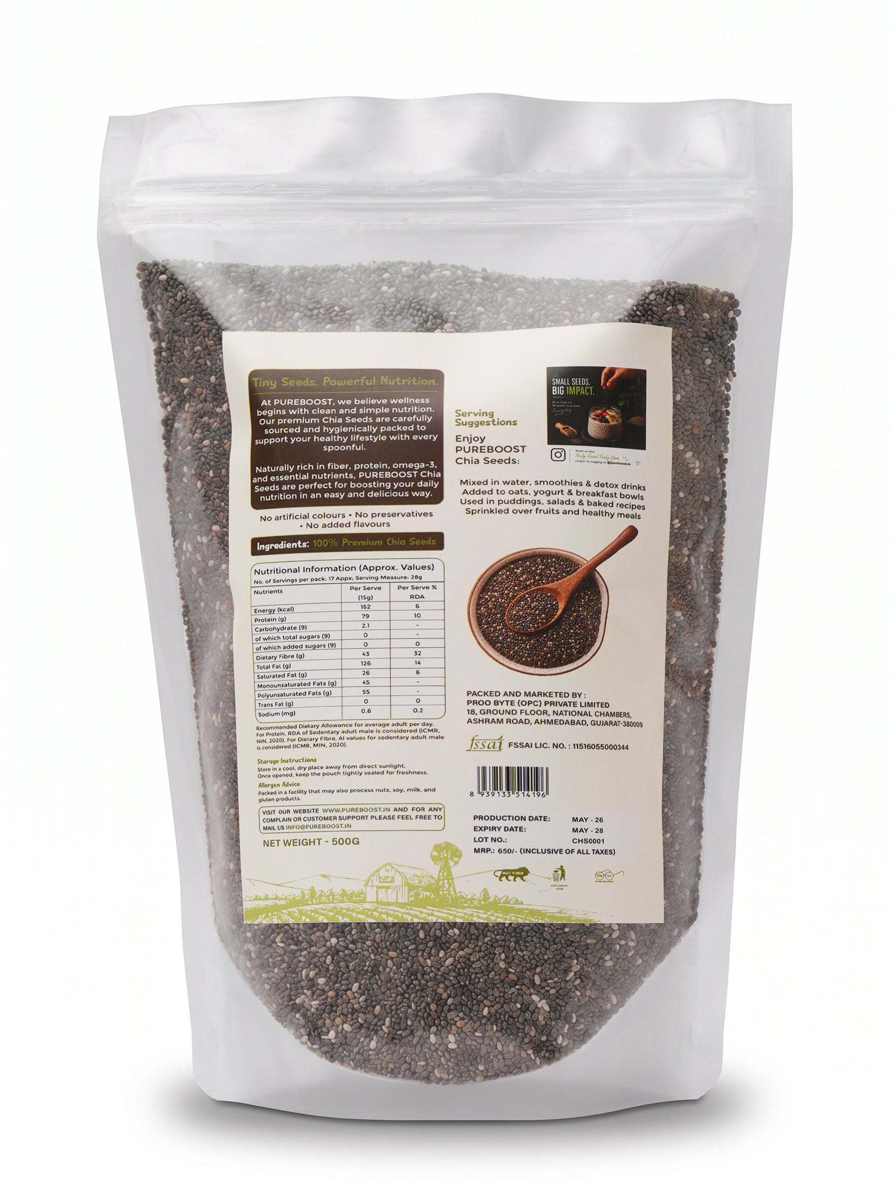 Pureboost Raw Chia Seeds 500g - Dirt & Stone Free Premium Chia Seeds | 30 days pack | High Fibre & Plant Protein | Helps with Weight Management | Good for Summer Hydration | Super Seeds for Smoothies, Oats & summer Drinks