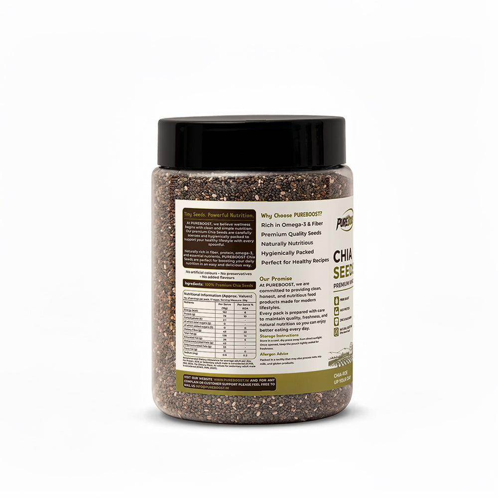 Pureboost Raw Chia Seeds 250g - Dirt & Stone Free Premium Chia Seeds | 30 days pack | High Fibre & Plant Protein | Helps with Weight Management | Good for Summer Hydration | Super Seeds for Smoothies, Oats & summer Drinks