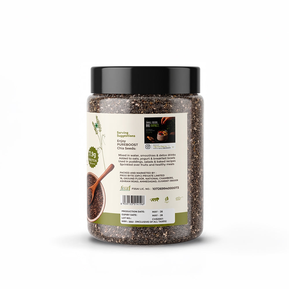 Pureboost Raw Chia Seeds 250g - Dirt & Stone Free Premium Chia Seeds | 30 days pack | High Fibre & Plant Protein | Helps with Weight Management | Good for Summer Hydration | Super Seeds for Smoothies, Oats & summer Drinks