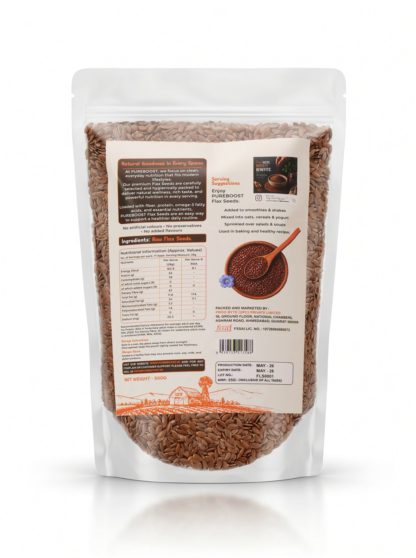 Pureboost Flax Seeds 500g - Alsi Seeds with Omega-3 | 27g Fibre per 100g | High Fibre Seeds for Heart Health & Daily Nutrition | Perfect for Oats, Smoothies & Seed Cycling