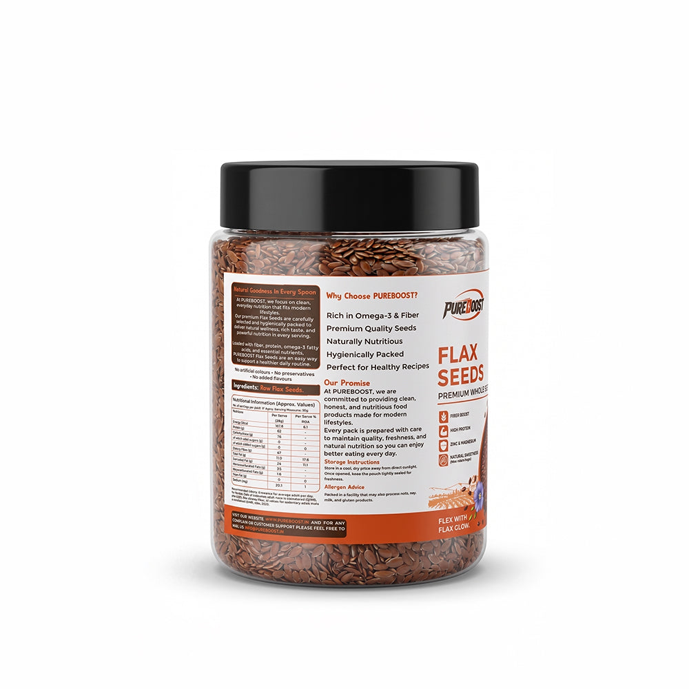 Pureboost Flax Seeds 250g - Alsi Seeds with Omega-3 | 27g Fibre per 100g | High Fibre Seeds for Heart Health & Daily Nutrition | Perfect for Oats, Smoothies & Seed Cycling