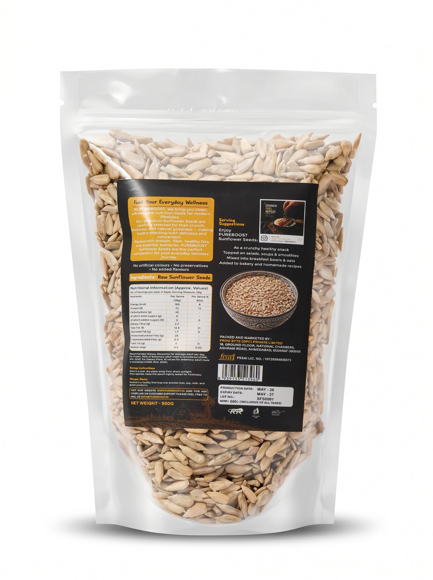 Pureboost Sunflower Seeds 500g - Healthy Snack | Raw Seeds for Eating | Fibre Rich Seeds