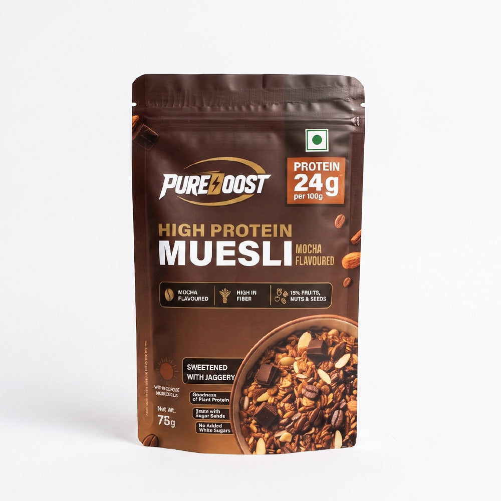 High Protein Muesli Mocha 75g, 24g Protein, High Fibre, Trans Fat Free with Brown Sugar, Real Fruits, Muesli for Breakfast Food, Muselies Fruit Nuts and Seeds 75g (Pack Of 1)