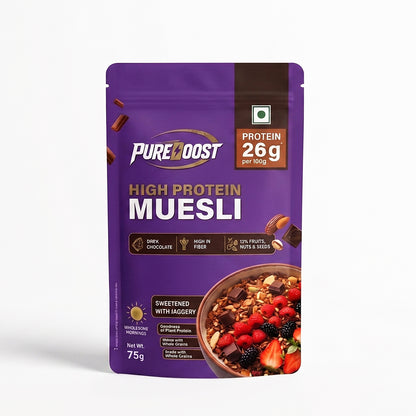 High Protein Muesli Dark Chocolate 75g, 24g Protein, High Fibre, Trans Fat Free with Brown Sugar, Real Fruits, Muesli for Breakfast Food, Muselies Fruit Nuts and Seeds 75g (Pack Of 1))