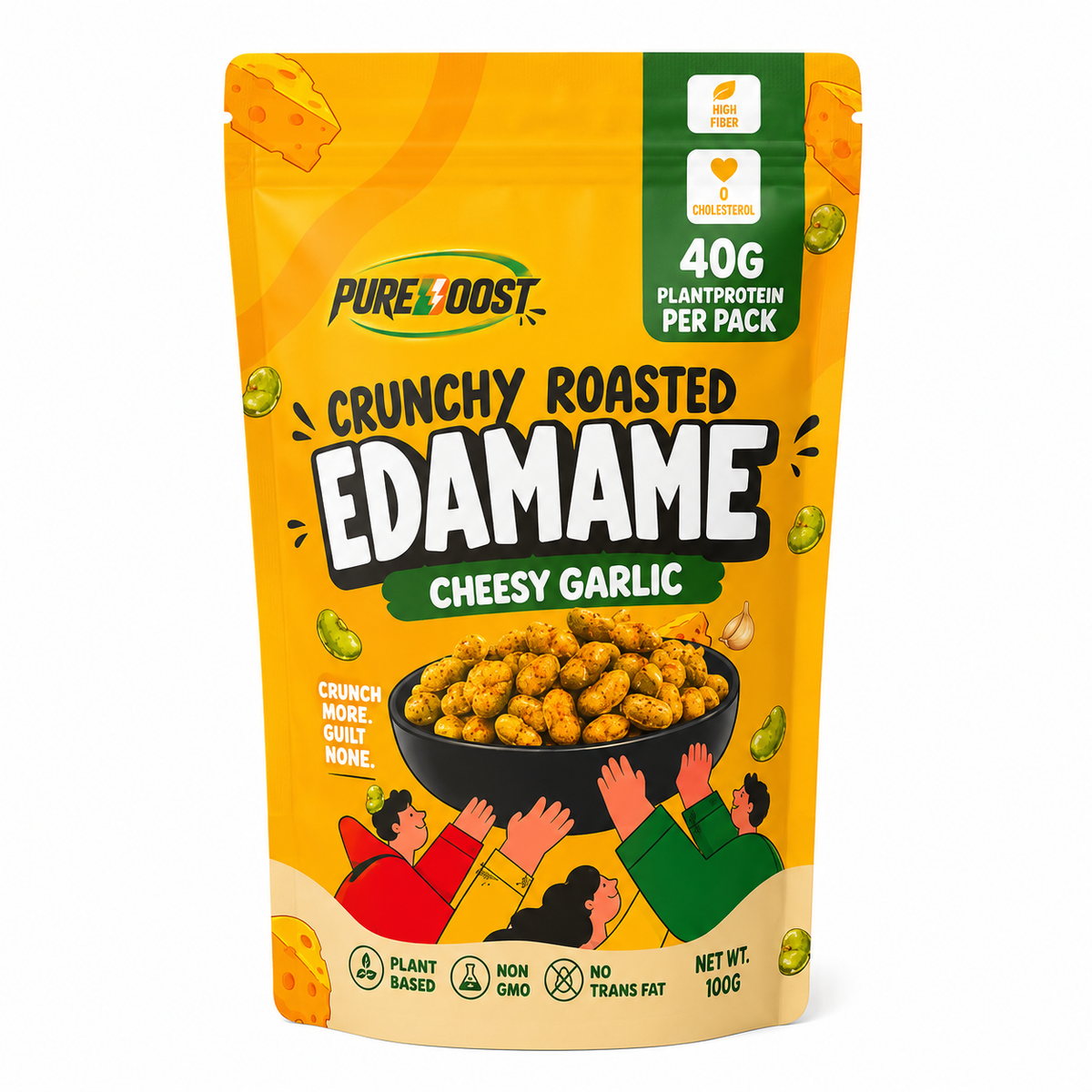 Pureboost Cheesy Garlic Edamame, 100 g pack