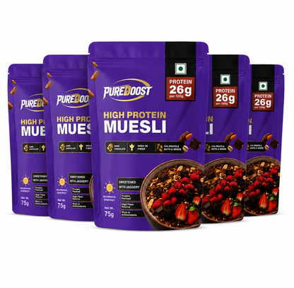 High Protein Muesli Dark Chocolate 75g, 24g Protein, High Fibre, Trans Fat Free with Brown Sugar, Real Fruits, Muesli for Breakfast Food, Muselies Fruit Nuts and Seeds 75g (Pack Of 5))