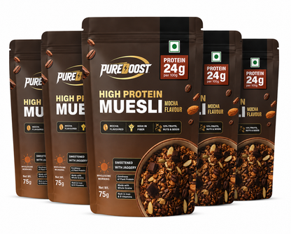 High Protein Muesli Mocha 75g, 24g Protein, High Fibre, Trans Fat Free with Brown Sugar, Real Fruits, Muesli for Breakfast Food, Muselies Fruit Nuts and Seeds 75g (Pack Of 5)