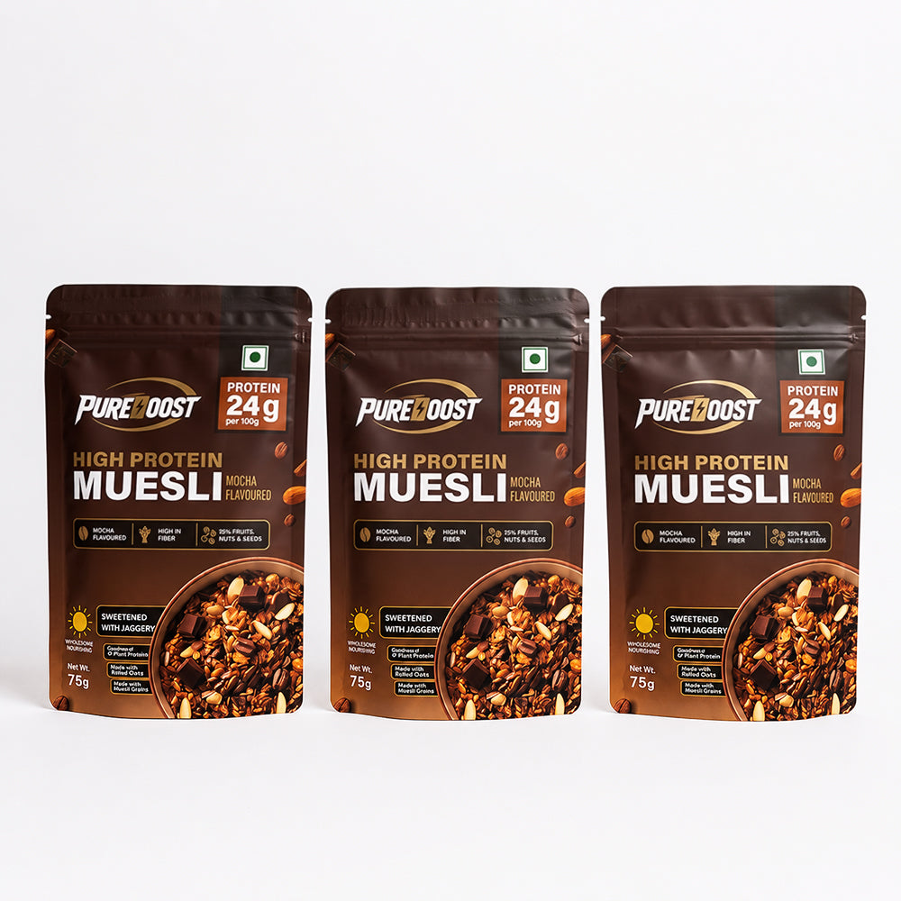 High Protein Muesli Mocha 75g, 24g Protein, High Fibre, Trans Fat Free with Brown Sugar, Real Fruits, Muesli for Breakfast Food, Muselies Fruit Nuts and Seeds 75g (Pack Of 3)