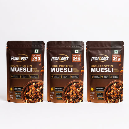 High Protein Muesli Mocha 75g, 24g Protein, High Fibre, Trans Fat Free with Brown Sugar, Real Fruits, Muesli for Breakfast Food, Muselies Fruit Nuts and Seeds 75g (Pack Of 3)