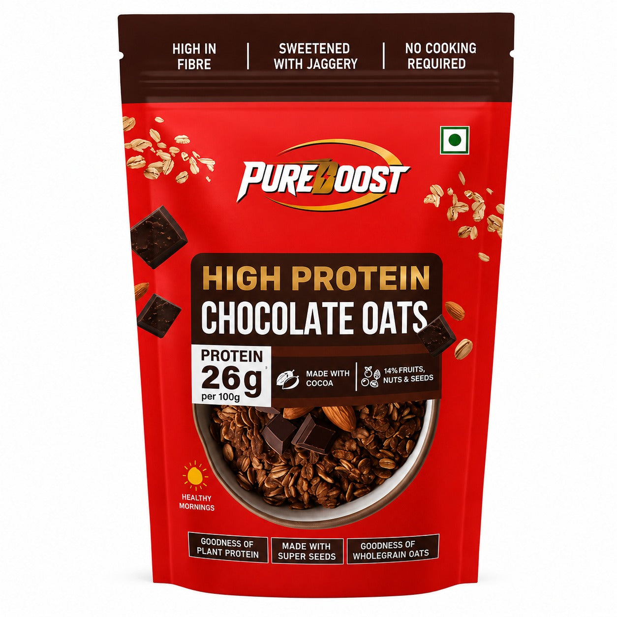 Pureboost 26g High Protein Oats 75g, Dark Chocolate, No Refined Sugar, with Almonds, Raisins, Pumpkin & Chia Seeds, 9.6g Fibre, Rolled Oats for Weight Loss, Breakfast Cereals | Gluten Free