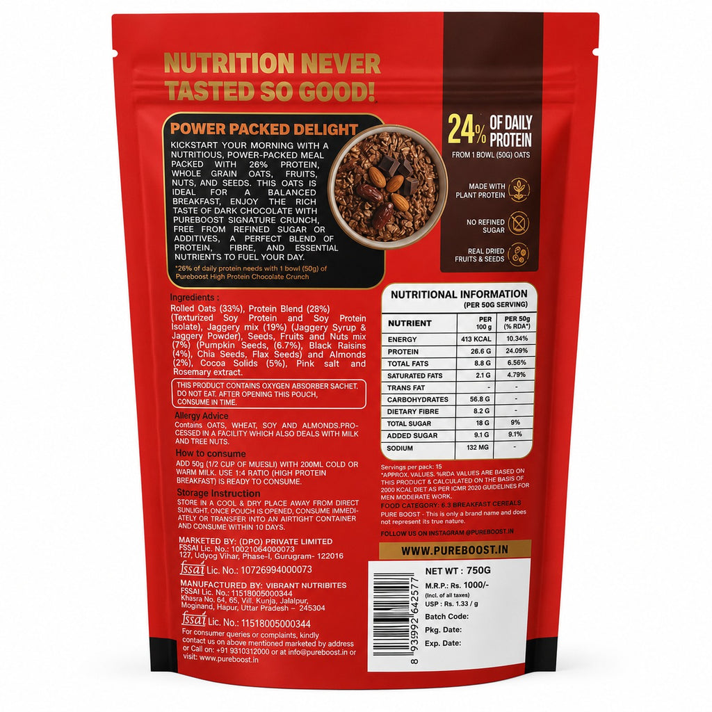 Pureboost 26g High Protein Oats 75g, Dark Chocolate, No Refined Sugar, with Almonds, Raisins, Pumpkin & Chia Seeds, 9.6g Fibre, Rolled Oats for Weight Loss, Breakfast Cereals | Gluten Free