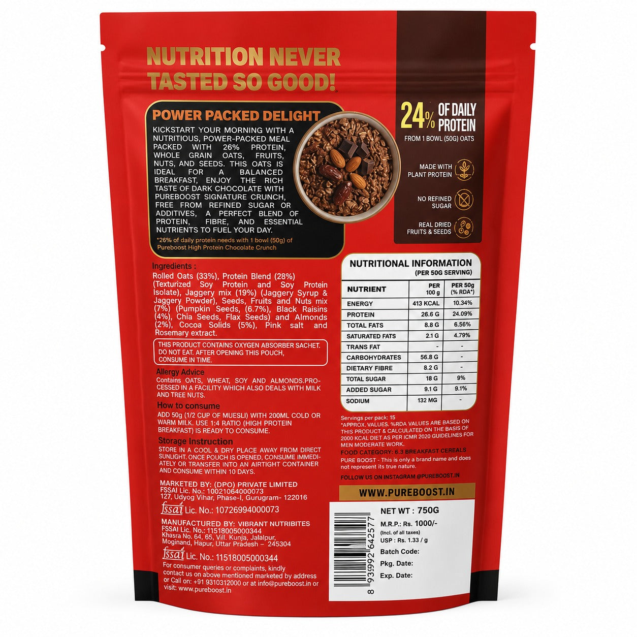 Pureboost 26g High Protein Oats 75g, Dark Chocolate, No Refined Sugar, with Almonds, Raisins, Pumpkin & Chia Seeds, 9.6g Fibre, Rolled Oats for Weight Loss, Breakfast Cereals | Gluten Free