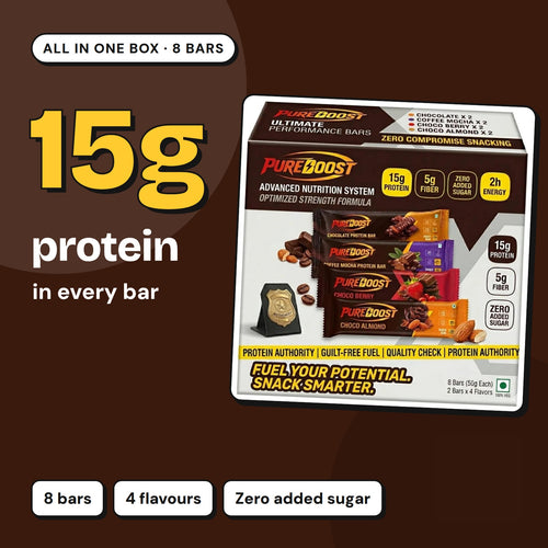 Pureboost All in one protein bar box: 8 bars, 4 flavours, 15 g protein in every bar