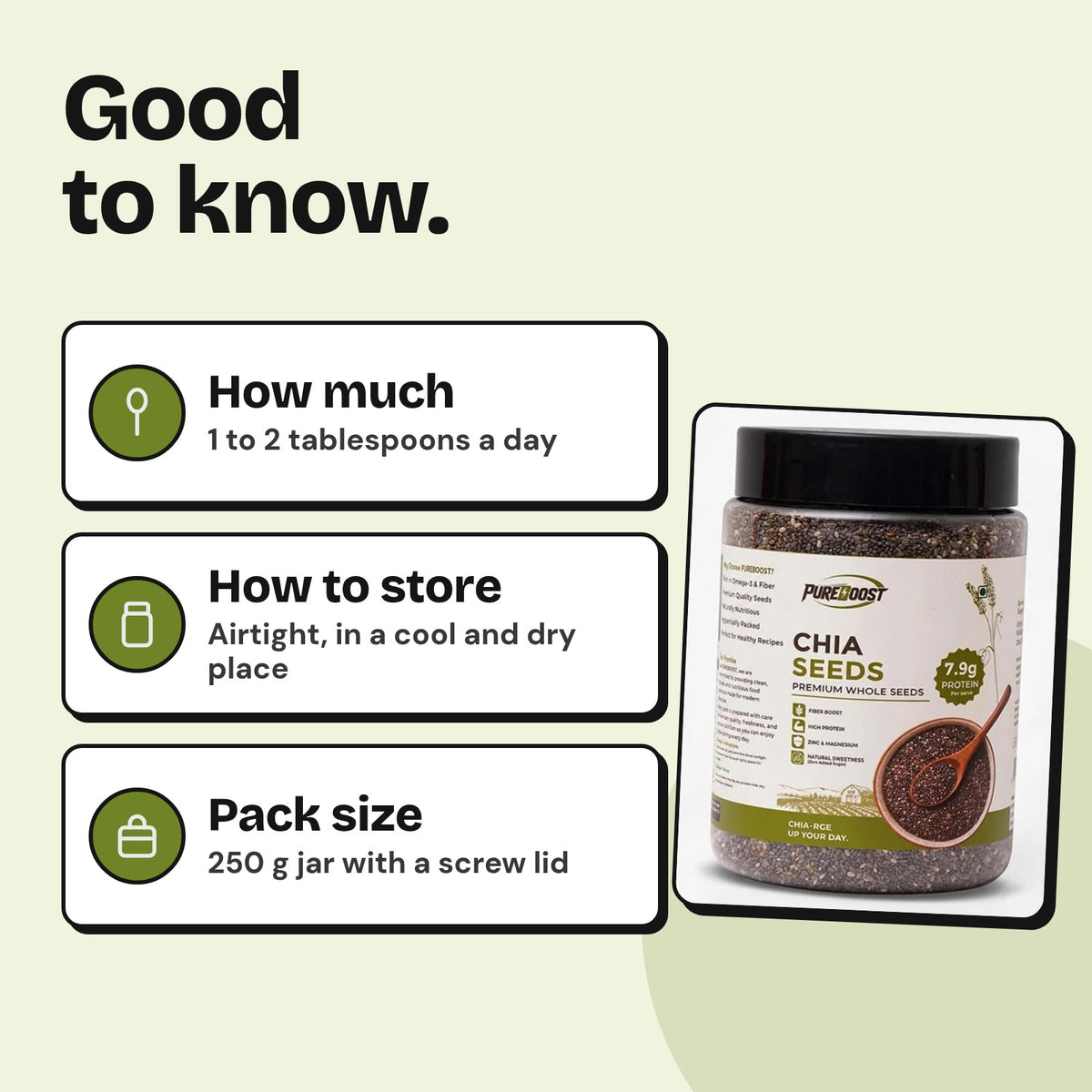 How much to eat and how to store Pureboost Chia Seeds 250 g