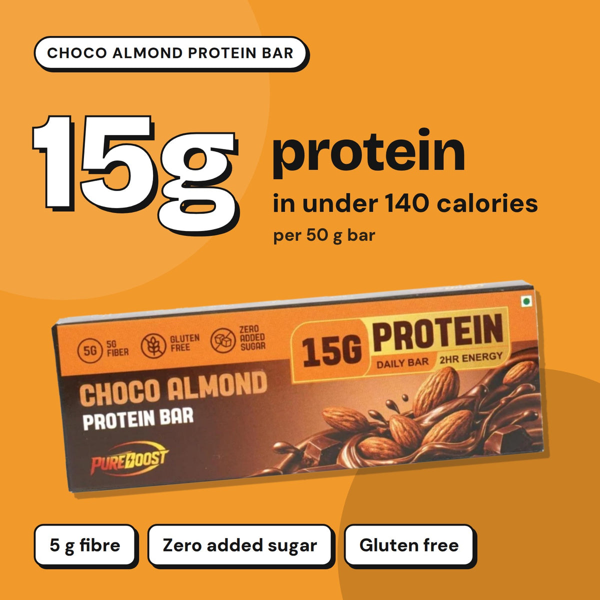 Pureboost Choco Almond Protein Bar: 15 g protein in under 140 calories per 50 g bar