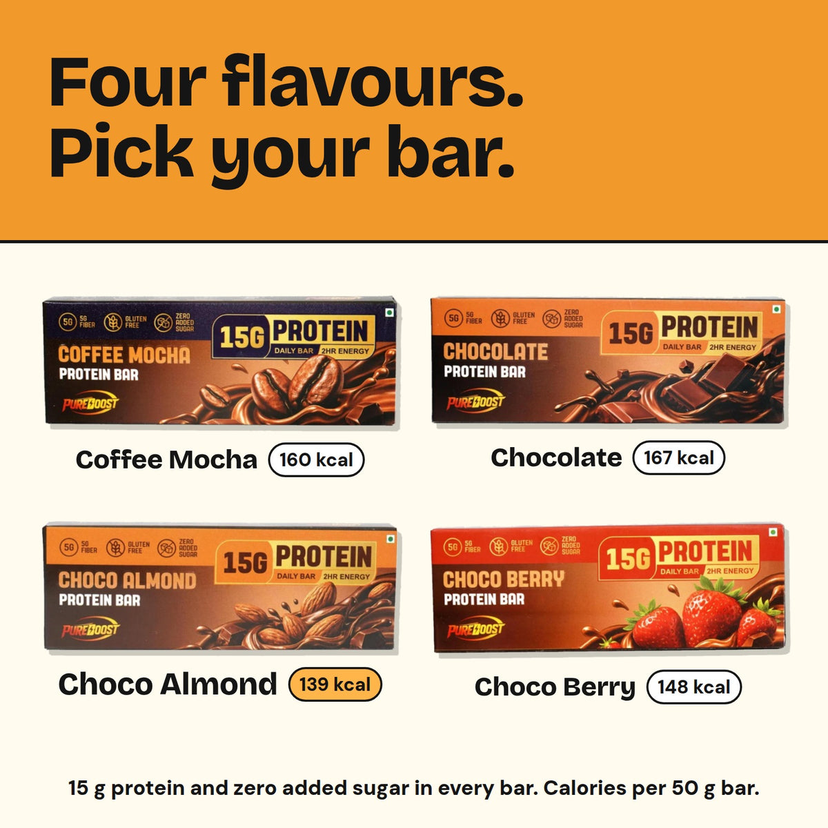 Pureboost protein bar flavours with calories per bar: Coffee Mocha 160, Chocolate 167, Choco Almond 139, Choco Berry 148
