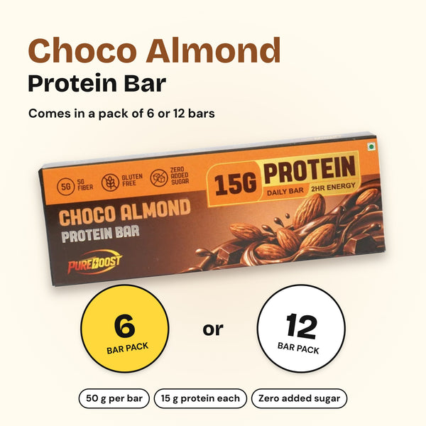 Pureboost Choco Almond Protein Bar, comes in a pack of 6 or 12 bars