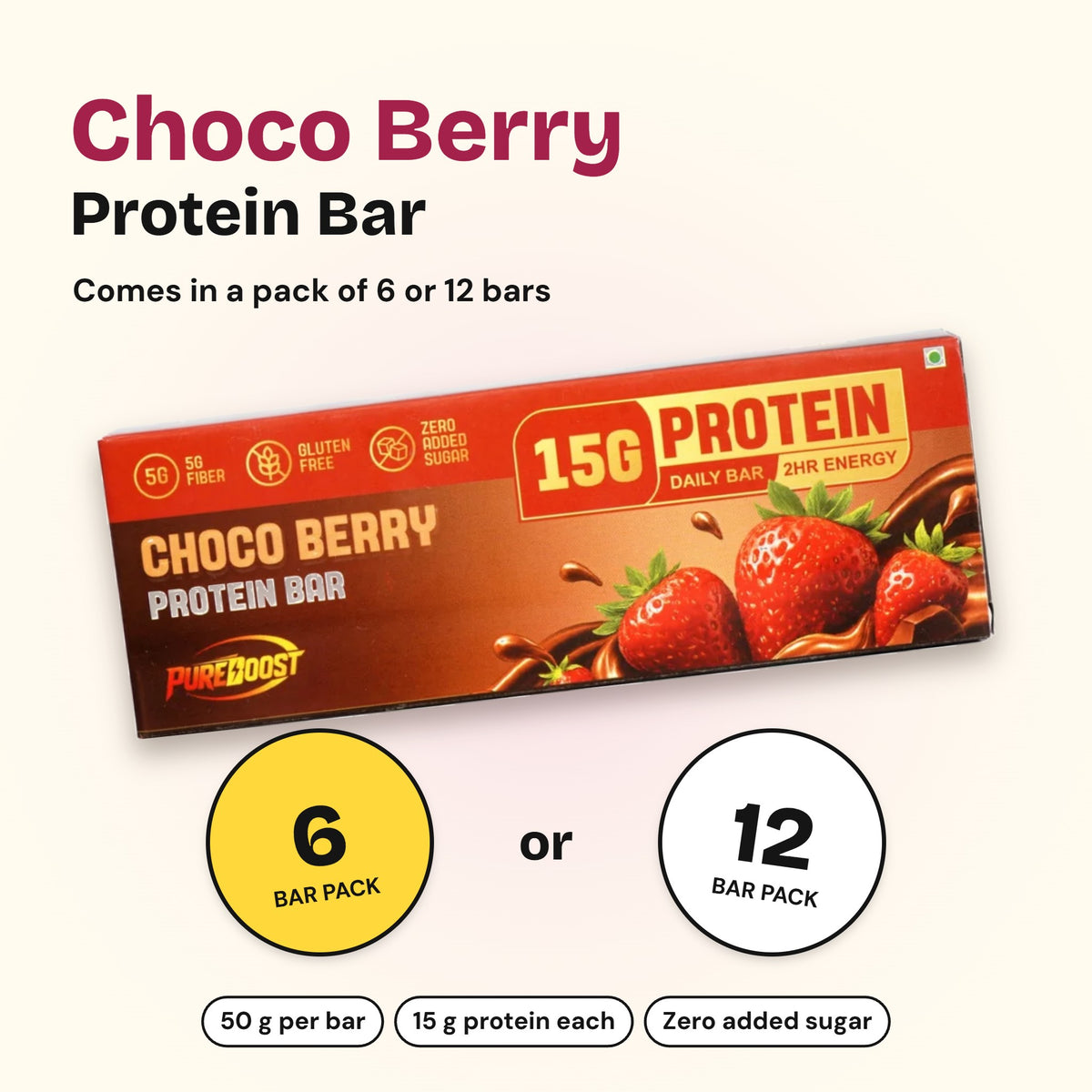 Pureboost Choco Berry Protein Bar, comes in a pack of 6 or 12 bars