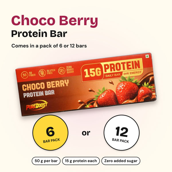 Pureboost Choco Berry Protein Bar, comes in a pack of 6 or 12 bars