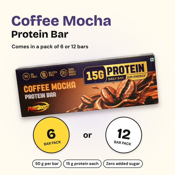 Pureboost Coffee Mocha Protein Bar, comes in a pack of 6 or 12 bars