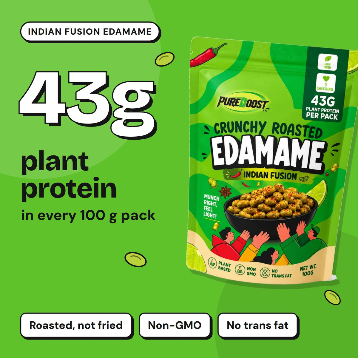Pureboost Indian Fusion Edamame: 43 g plant protein in every 100 g pack