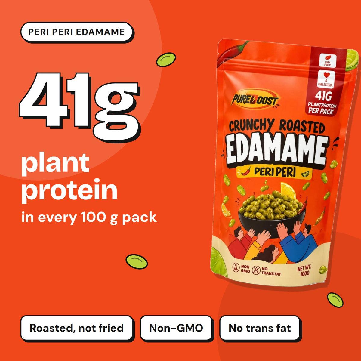 Pureboost Peri Peri Edamame: 41 g plant protein in every 100 g pack