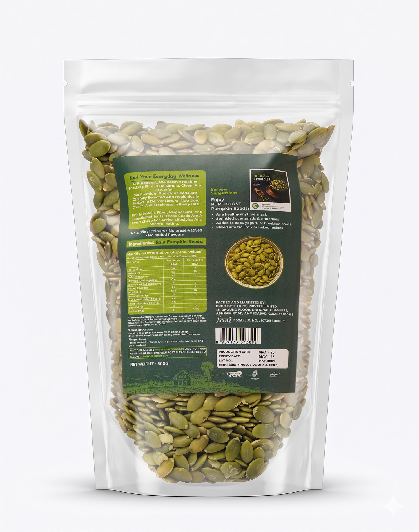 Pureboost Raw Pumpkin Seeds 500g – Organic, Premium Grade, High Protein, Keto & Vegan Friendly, Gluten-Free, Natural Pepitas for Snacking, Baking & Cooking