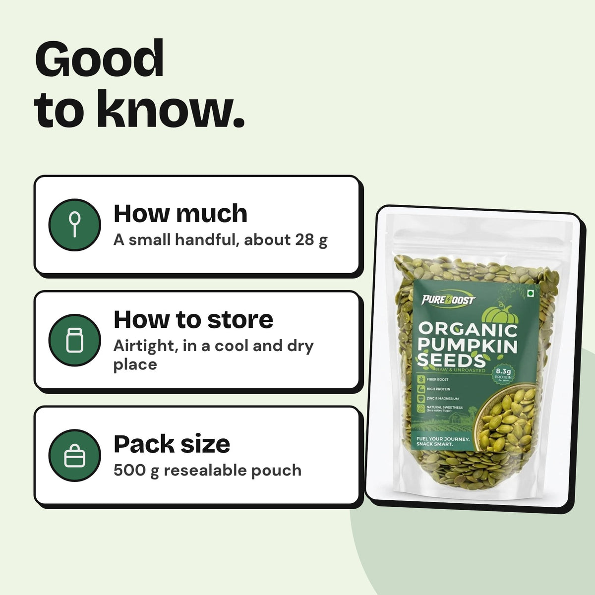 How much to eat and how to store Pureboost Pumpkin Seeds 500 g