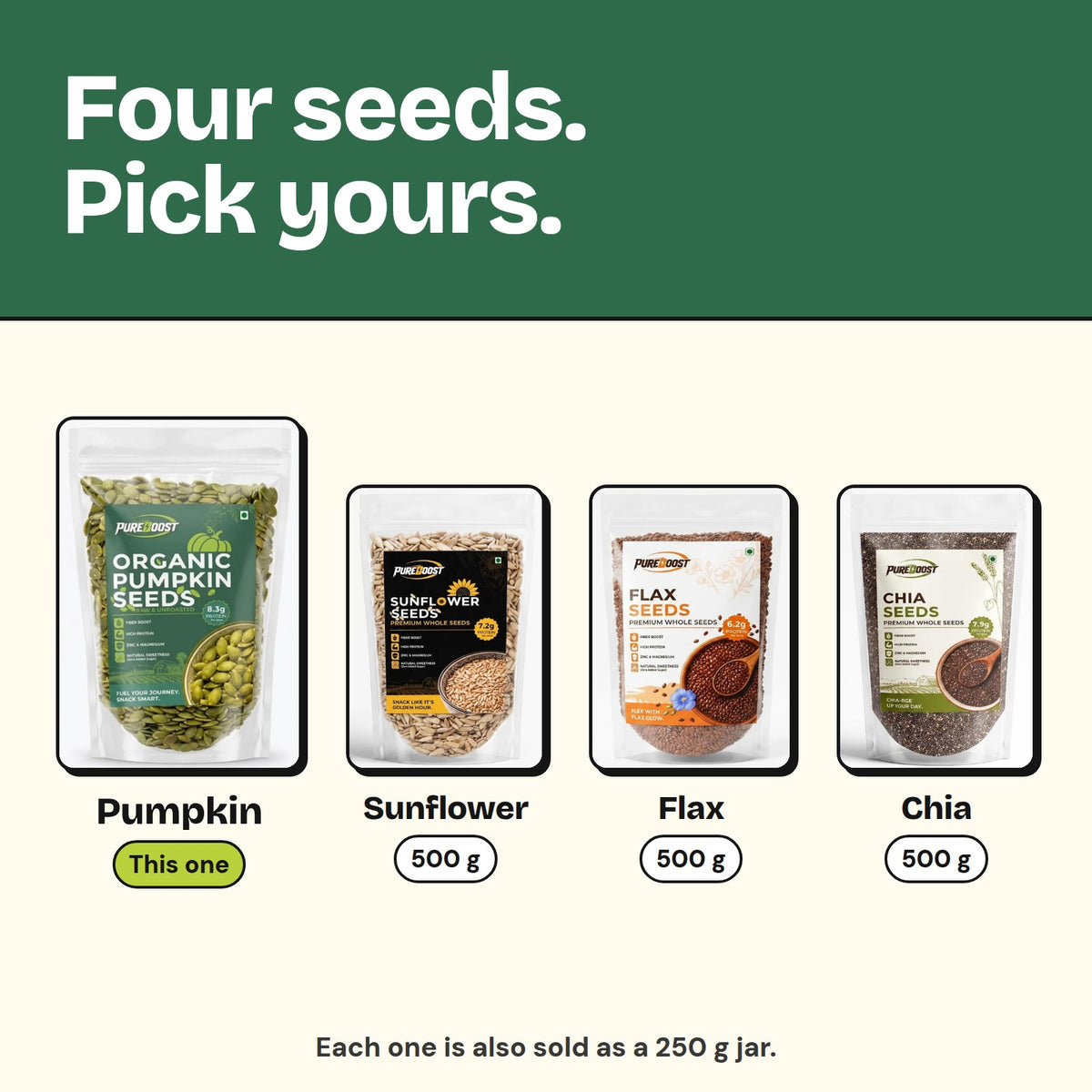 Pureboost seeds range: pumpkin, sunflower, flax and chia