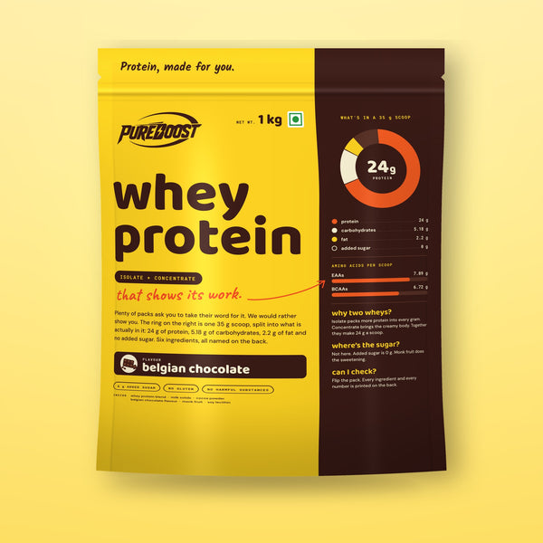 Pureboost Whey Protein Belgian Chocolate, 1 kg resealable stand-up pouch