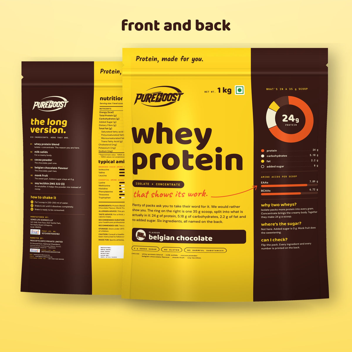 Front and back of the Pureboost Whey Protein Belgian Chocolate 1 kg pouch