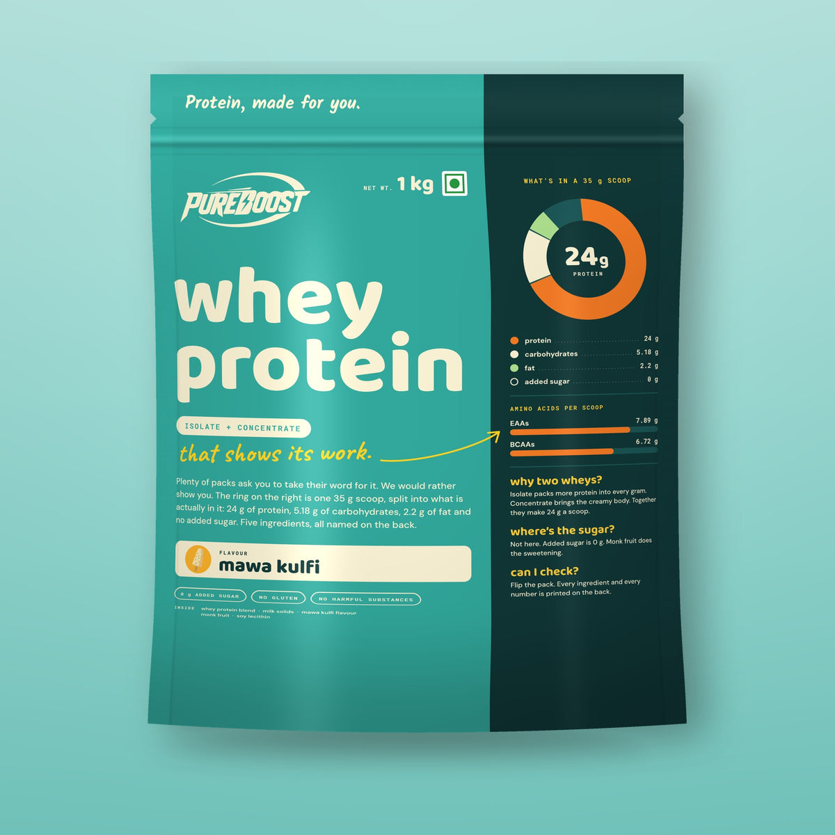 Pureboost Whey Protein Mawa Kulfi, 1 kg resealable stand-up pouch