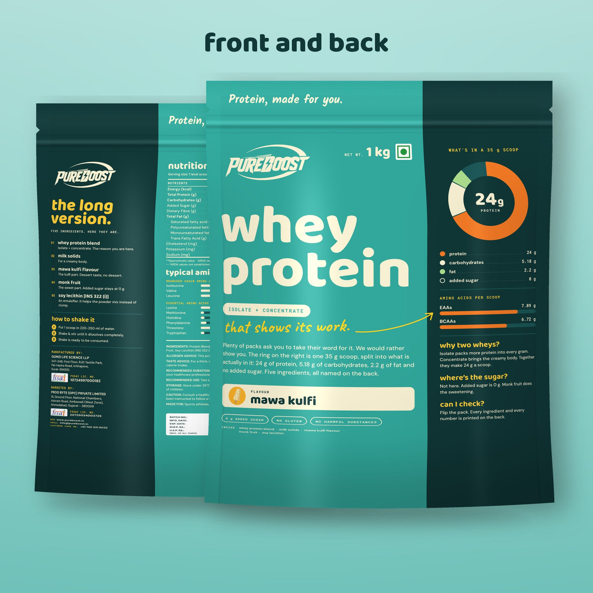 Front and back of the Pureboost Whey Protein Mawa Kulfi 1 kg pouch