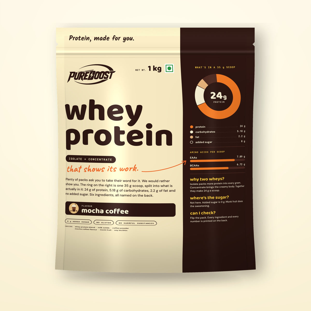 Pureboost Whey Protein Mocha Coffee, 1 kg resealable stand-up pouch