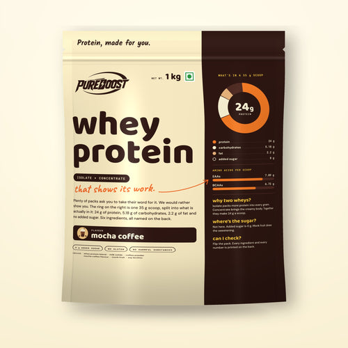 Pureboost Whey Protein Mocha Coffee, 1 kg resealable stand-up pouch